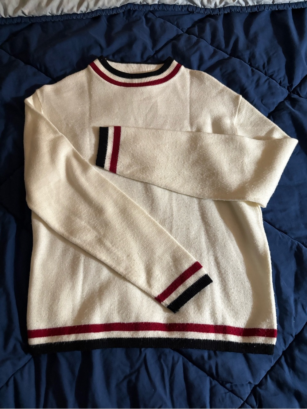 Puritan Cream Sweater with Bowling Red and Blue Strips Edge